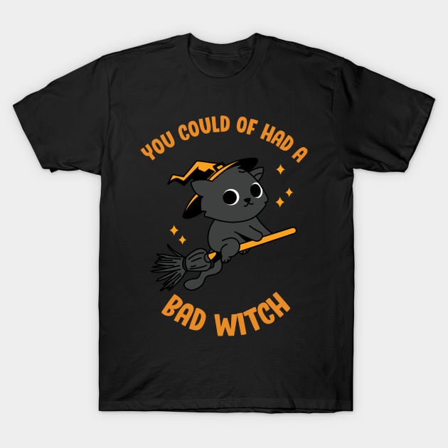 Halloween Kitty! You Could of had a Bad Witch! Black & Orange Funny Cat on a Flying Broom Witchy Stars October Love T-Shirt by Always Growing Boutique